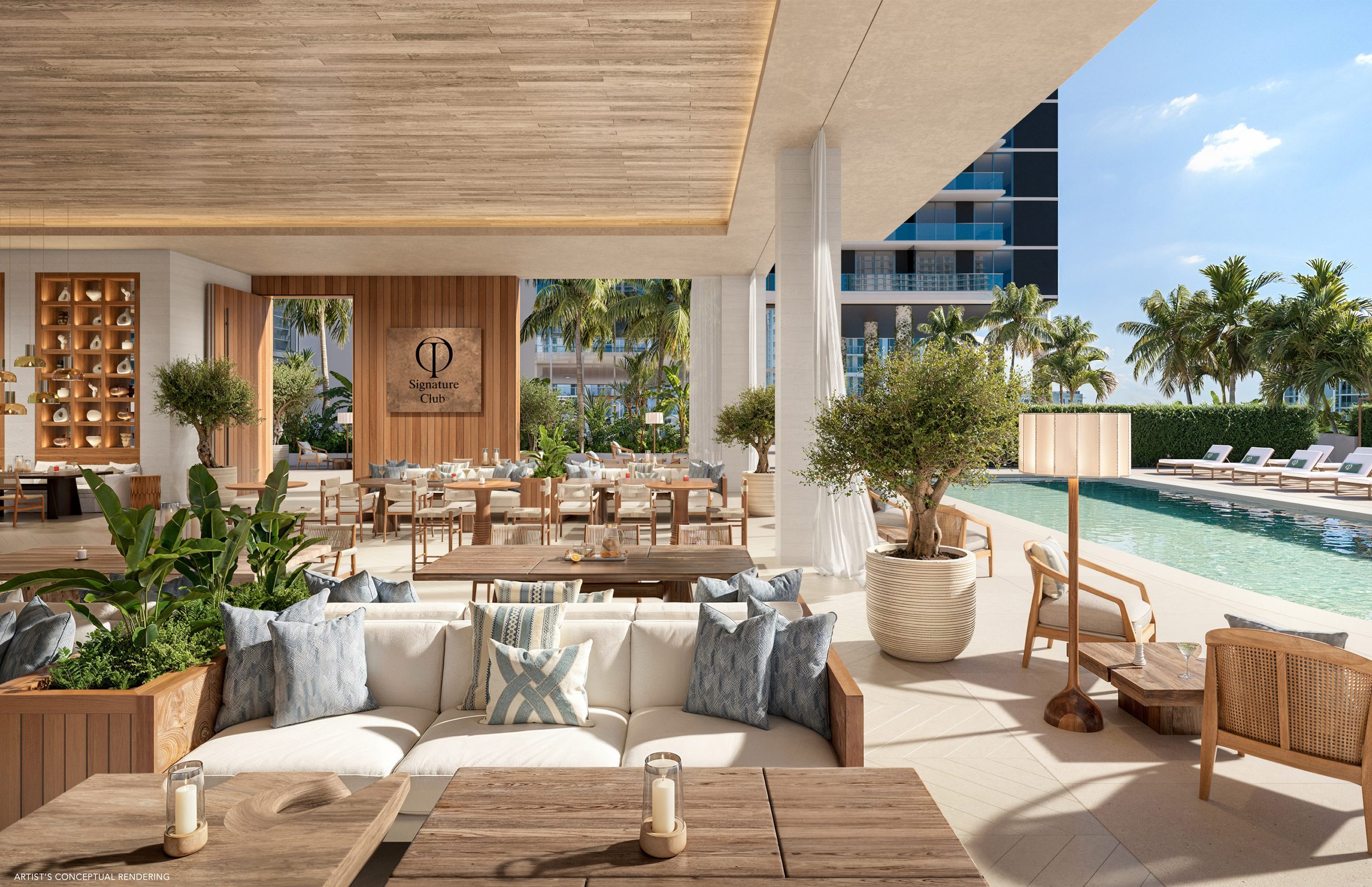 Resort-style pool deck with lounge areas