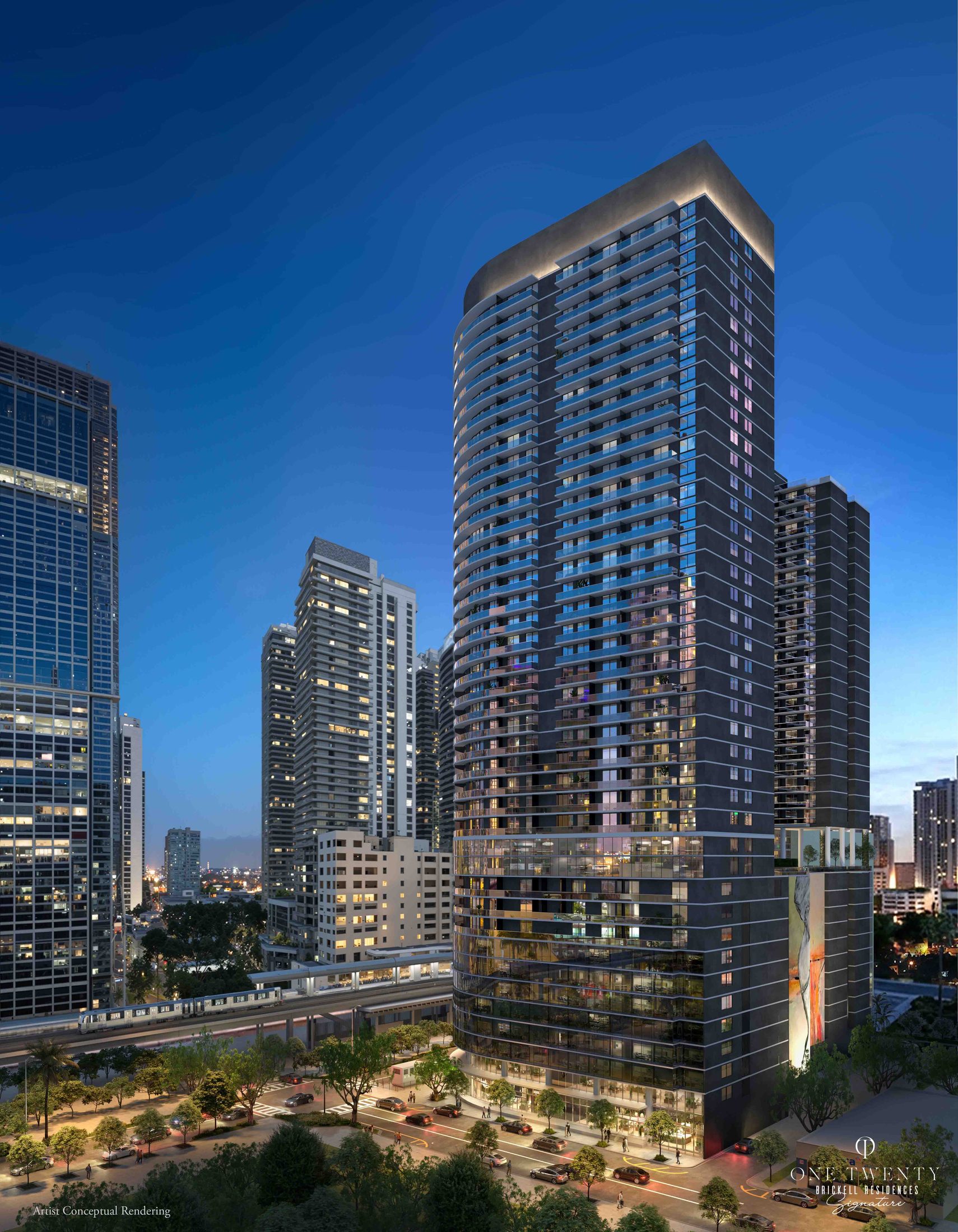 One Twenty Brickell Signature Residences — the 40-story tower beside the Metromover in Brickell at dusk (artist's conceptual rendering)