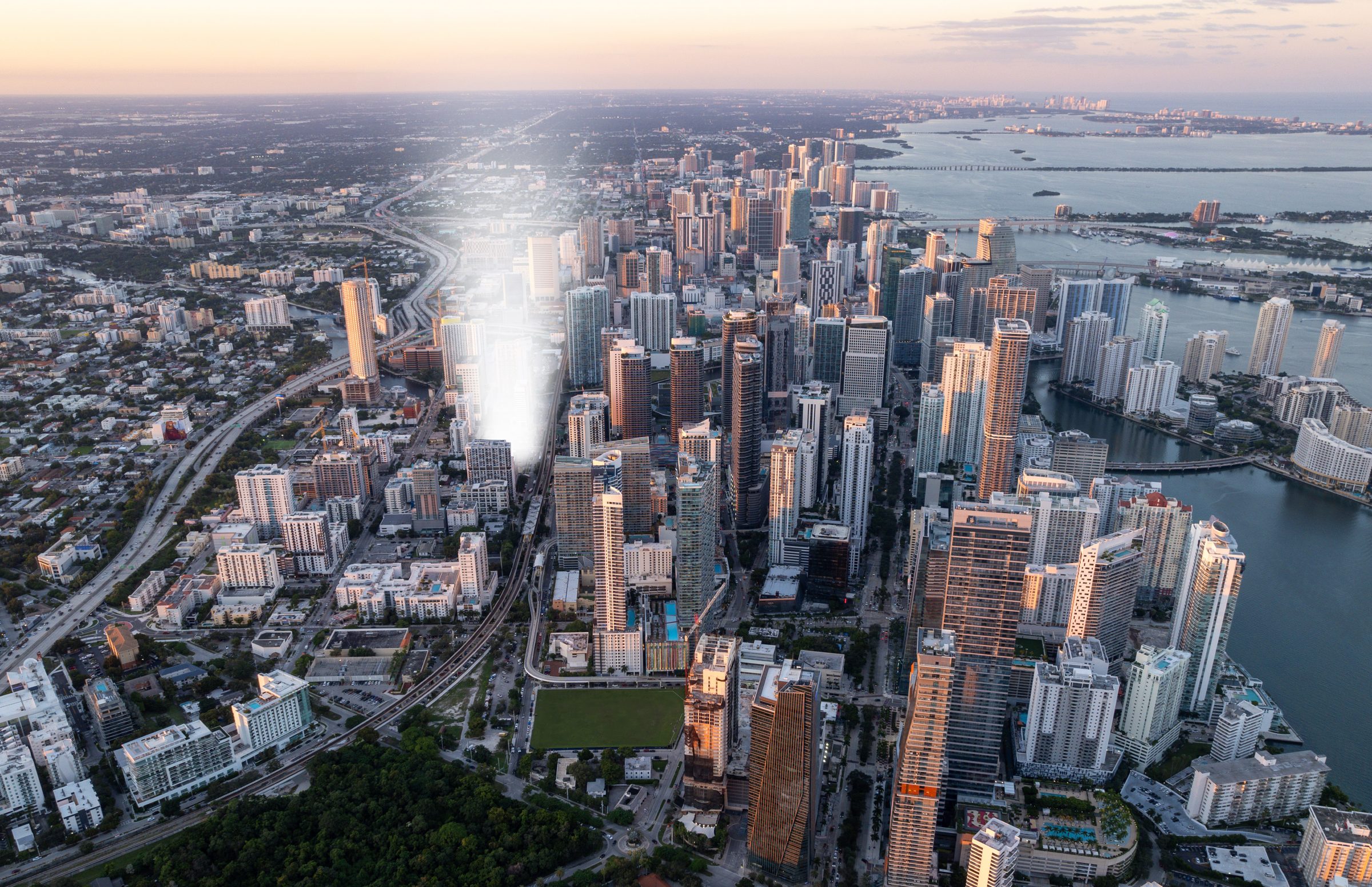 Aerial view over Brickell toward Biscayne Bay